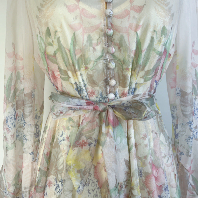 Niche Design Printed Single-breasted Petal Long Sleeve Tight Waist Beautiful Dress Women